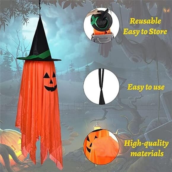 Halloween Decor, 2 Pack Orange Pumpkin Wizard Hat Pre-Installed Pumpkin Ghost - Picture 3 of 8
